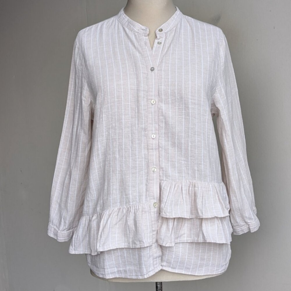 Linen Striped Ruffle Button Down Blouse - image 1